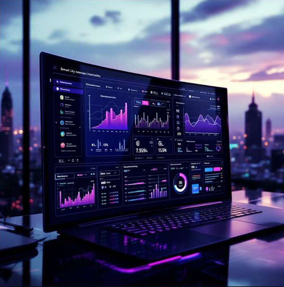 Laptop exibindo gráficos de dados e uma cidade ao fundo.